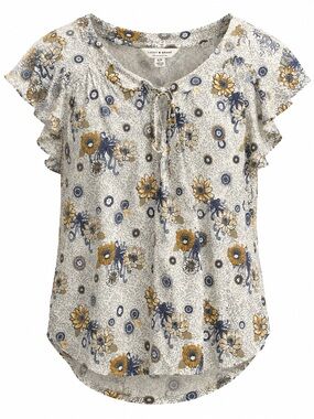 Lucky Brand Cream Floral Keyhole Ruffle Sleeve Blouse